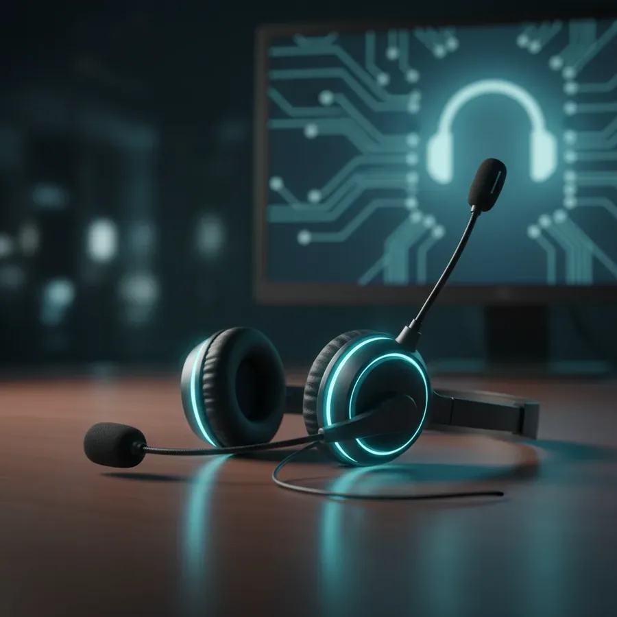 Headset eines Supportmitarbeiters auf dunklem Schreibtisch