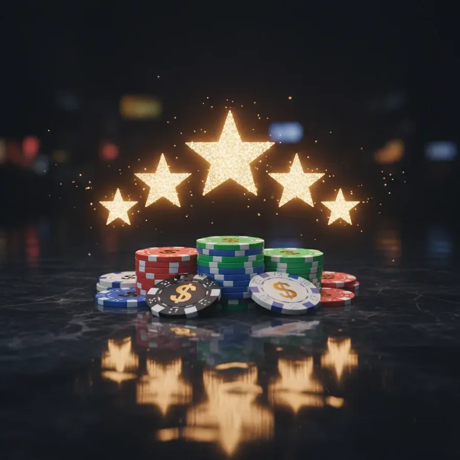 Fünf leuchtende goldene Sterne ueber Casino-Jetons